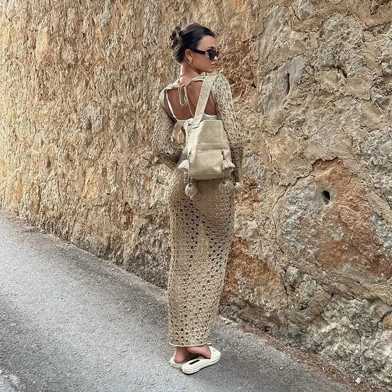 Nuovo costume da bagno cavo lavorato a maglia con abito da spiaggia con spalline sexy senza schienale, gonna lunga a maniche lunghe, top bikini