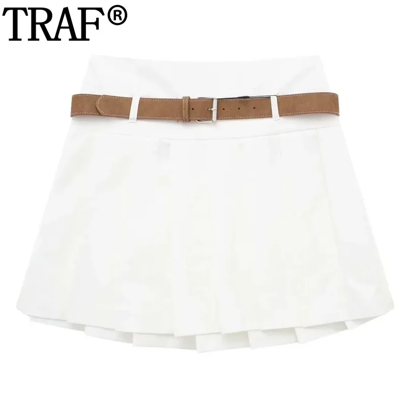 

TRAF 2024 Belt Pleated Skirts For Women Low Rise White Skirt Woman Streetwear Y2K Mini Skirt Spring Casual Girls Tennis Skirt