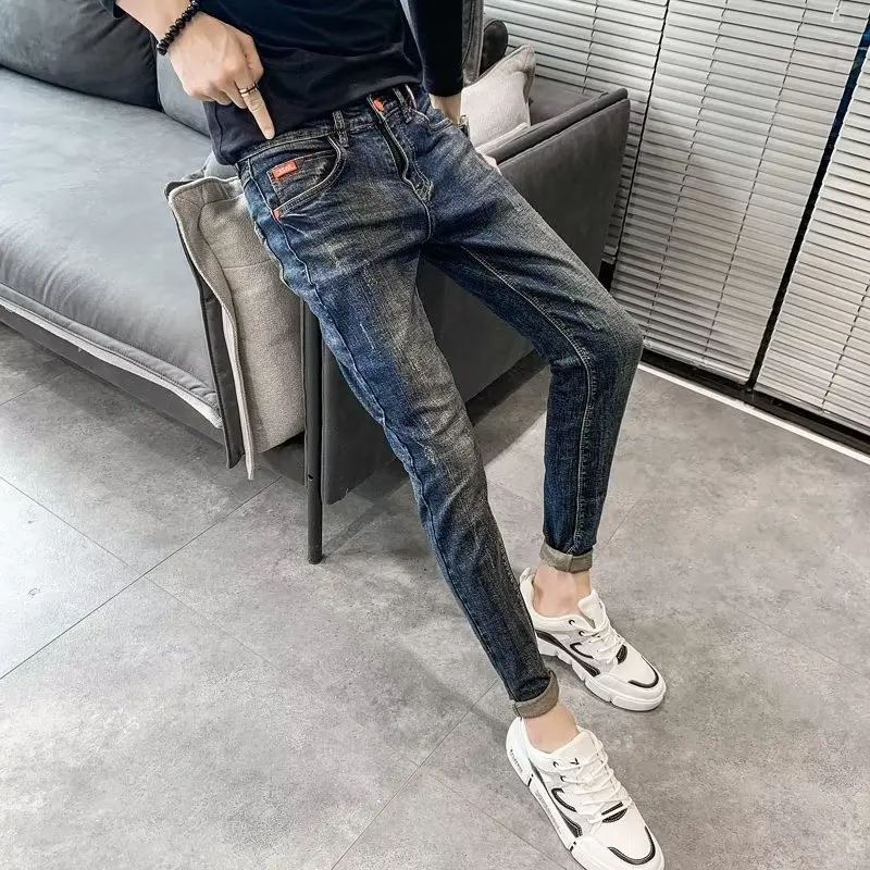 

Джинсы Slim Fit, мужские модные повседневные длинные брюки, осенне-зимние джинсовые брюки с застежкой на пуговицах, популярный молодежный стиль, для всех сезонов