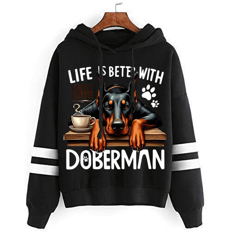 Trend Woman Sweatshirt Doberman Dogs Coffee Print Female Hoodie Long Sleeve O-neck Pullover Hoodies Sweatshirts Fashion Clothing