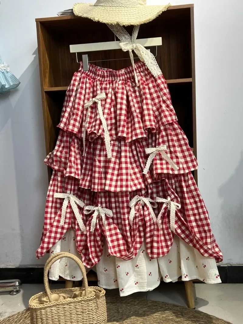 أحمر أزرق طويل القوس الحلو مطبوعة منقوشة التنانير Y2k ملابس عصرية الكورية خمر مطوي تنورة 2025 ربيع جديد غير رسمي #5