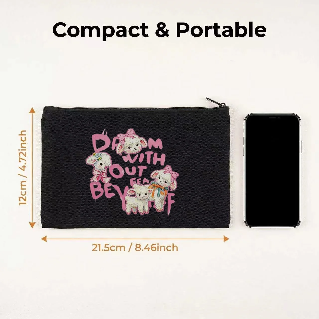 1PC Pink Bow Cute Fluffy Sheep Dream Beyond Fear Slogan Canvas Cosmetic Bag Double Sided Portable Travel Zipper Pouch
