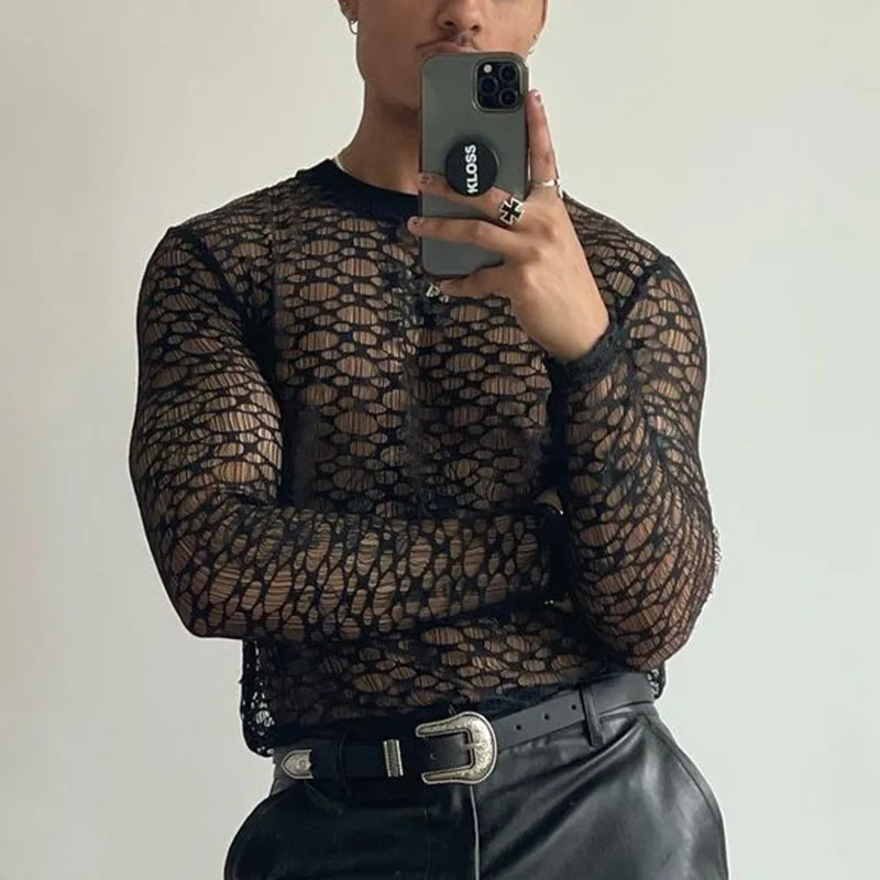 Mesh T-shirt Men's Baseg Shirt Hollow Long-sleeved Tshirt See-through Tops Men Party Clothes Invisible Tee Bar Nightclub