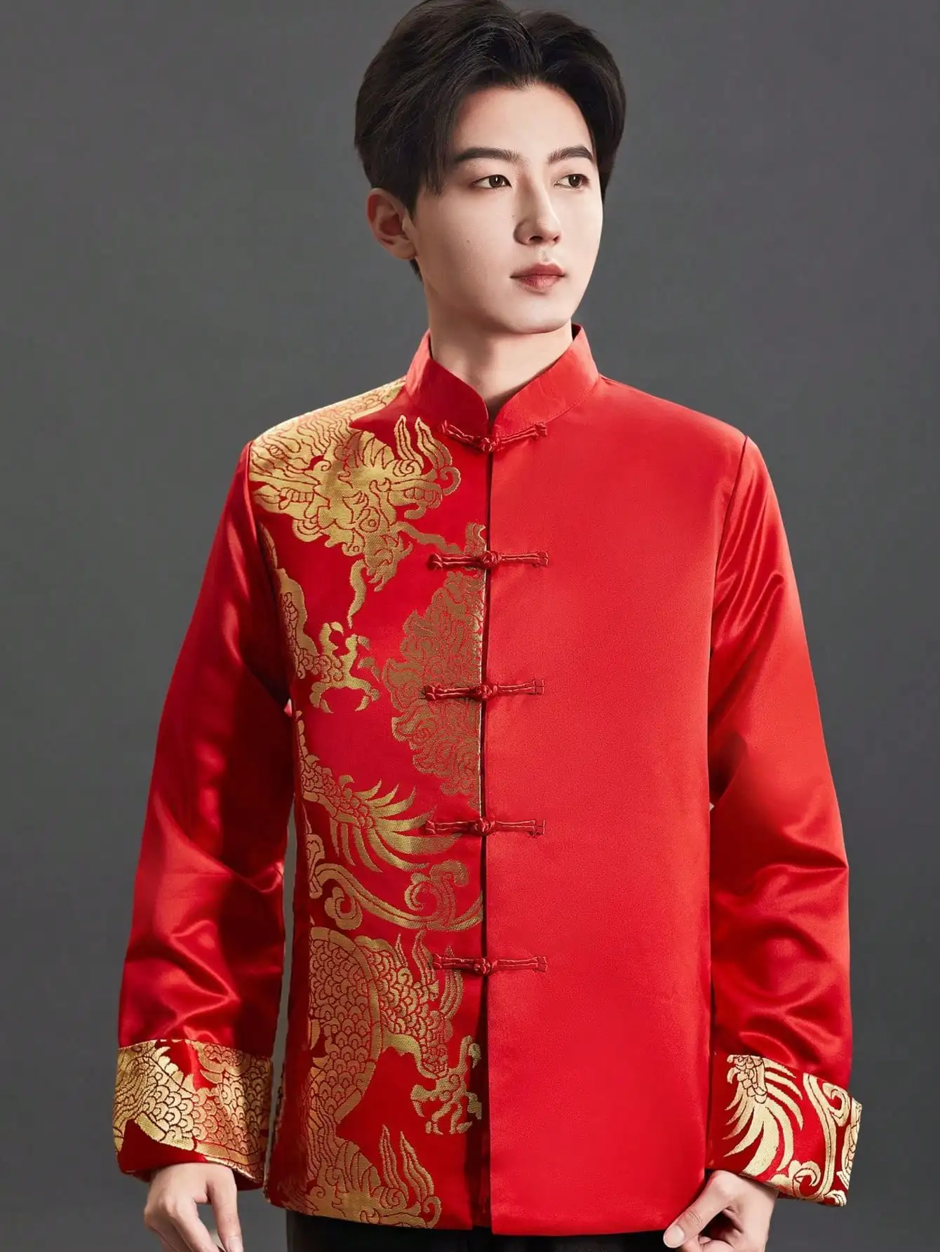 

Red Brocade Satin Mandarin Collar Shirt with Gold Dragon Motif