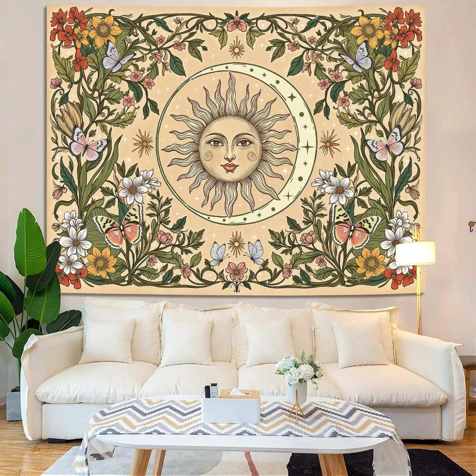 1PC Boho Sun Moon Floral Beige Print Tapestry, Boho Style, Bedroom Living Room Kitchen Wall Hanging, Polyester, Wall Art