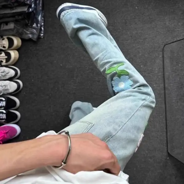 

plus Size American Retro Embroidered Patchwork Men's Jeans Spring Autumn High Street Straight Long Trousers Casual Comfortable