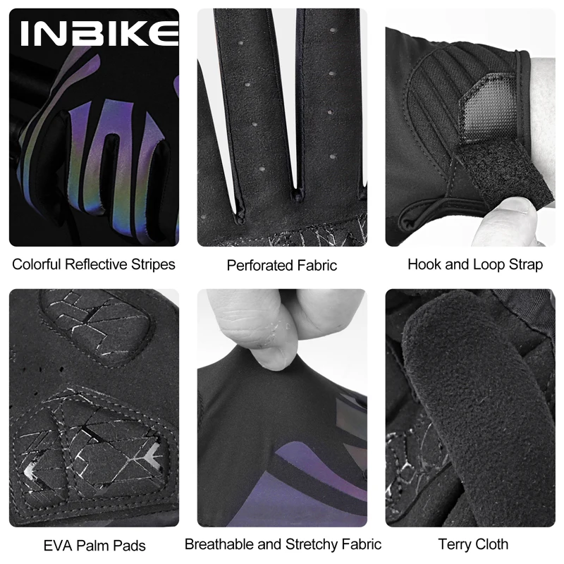 INBIKE MTB Cycling Gloves Padding Full Finger Colorful Reflective Bike Gloves Men Touch Screen Non-slip Men Bicycle Gloves MF339