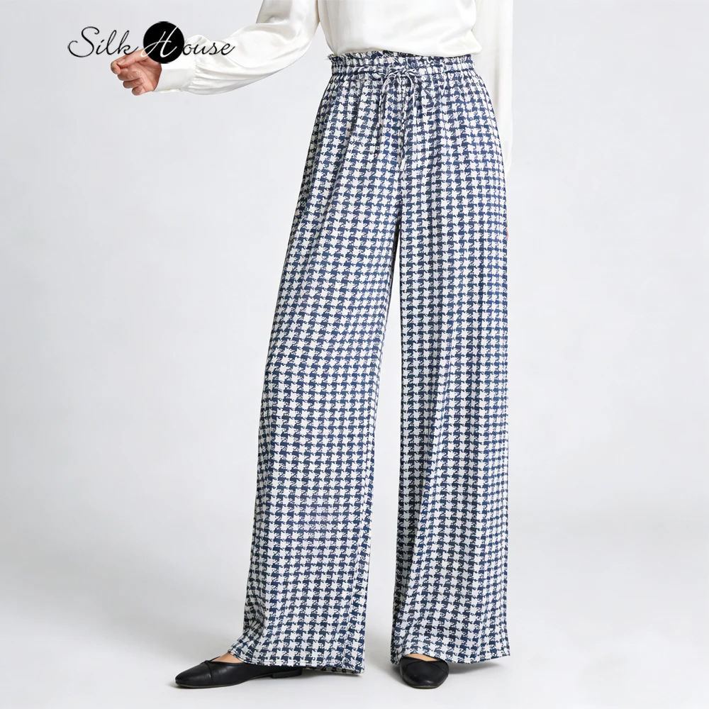 British Style Houndstooth 93% Natural Mulberry Silk Elastic Satin Elastic Waist Women's Fashionable Lace Straight Leg Pants
