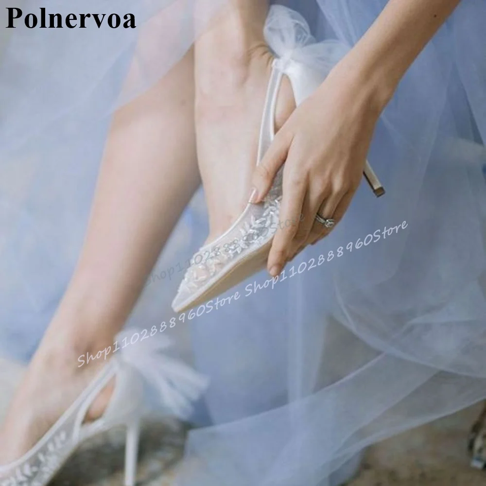 

Wedding White Air Mesh Knot Decoration Pumps Thin High Heel Women Shoes Slip On Pointed Toe 2025 Fashion Zapatos Para Mujere