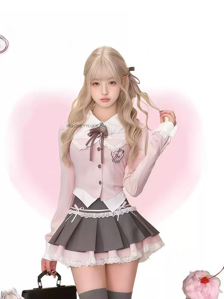 Sweet Pink Preppy JK Schoolgirl Set Two-piece Blouse High-waisted Gray Pleated Skirt  two-piece Spring Outfit Korean Style Set