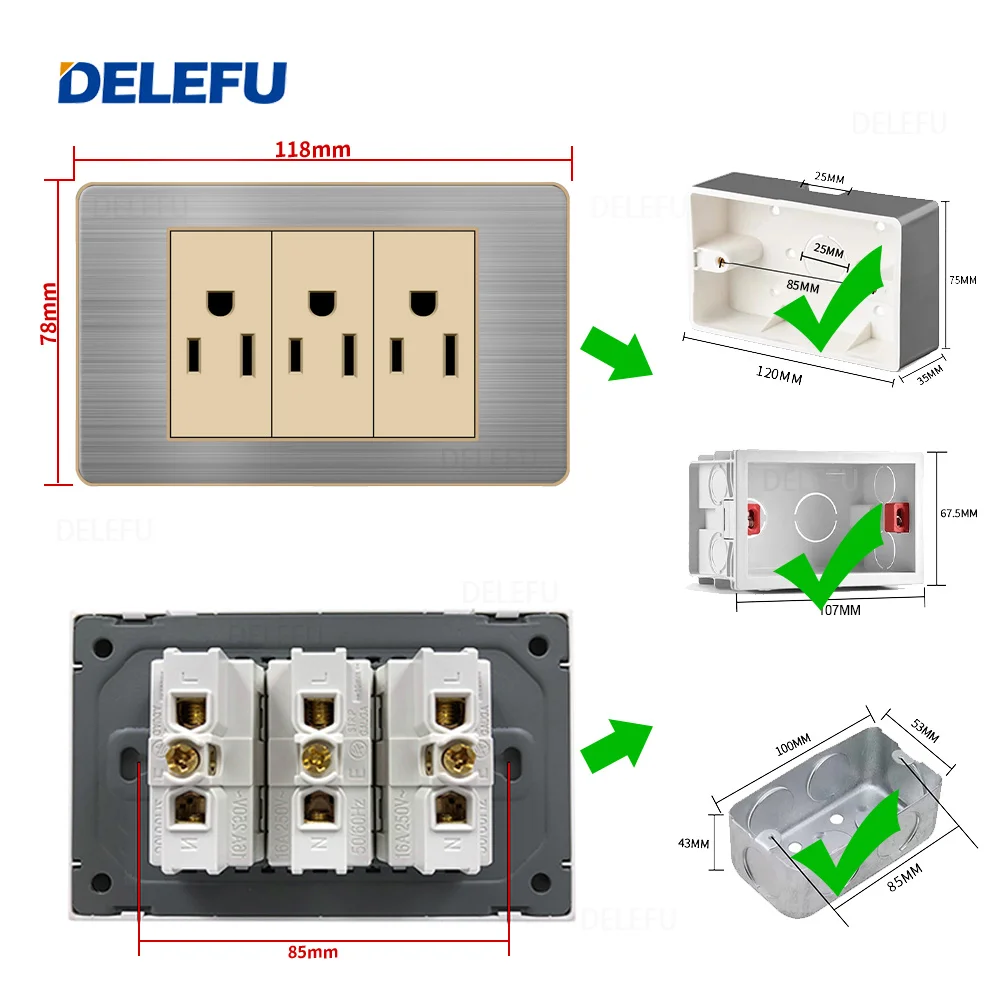 DELEFU- American Standard Switch Socket Stainless Steel Gold Border Grey Panel Series Power Socket