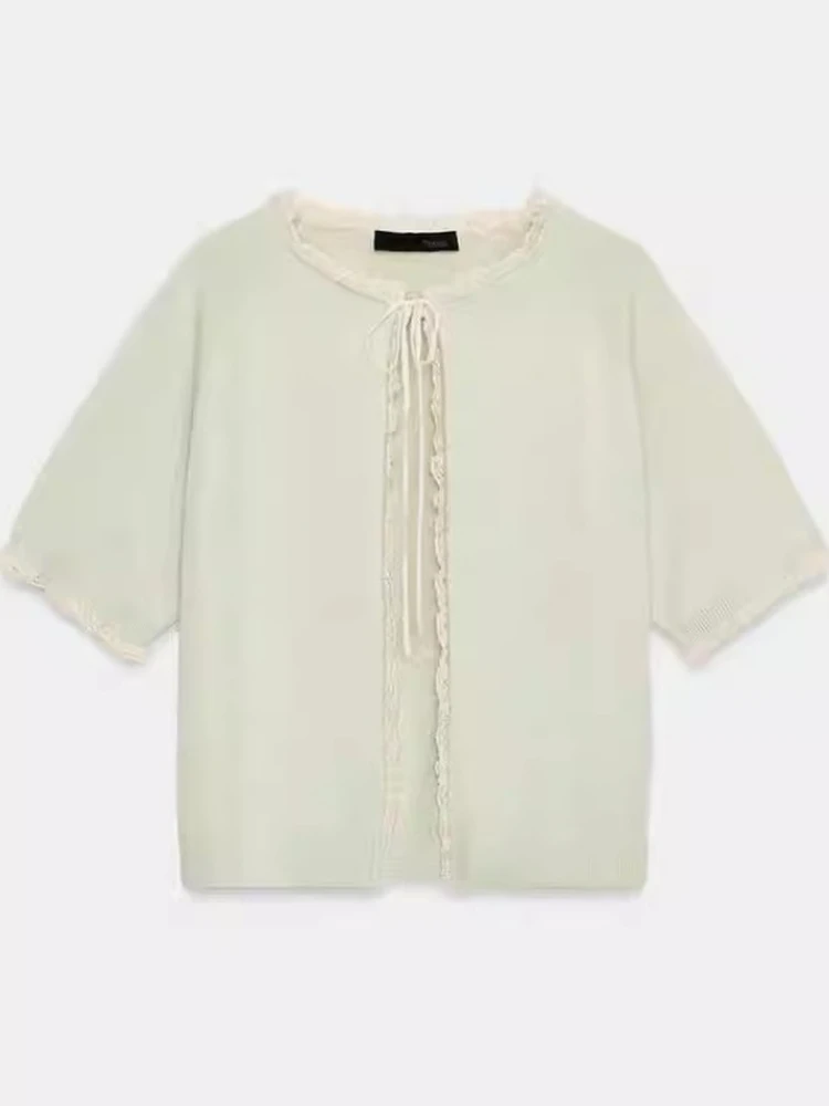 

Sweet Style Knitted Short Sleeve round Neck Cardigan Coat Knot Lace Decoration Spring Summer New Arrival Women's Fa...
