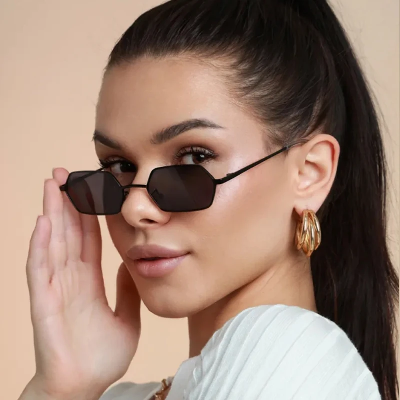 

Cycling 2pcs Fashion Narrow Rectangle Women Sunglasses Small Polygon Design Sun Glasses Colorful Lens Metal Frame Shades UV400