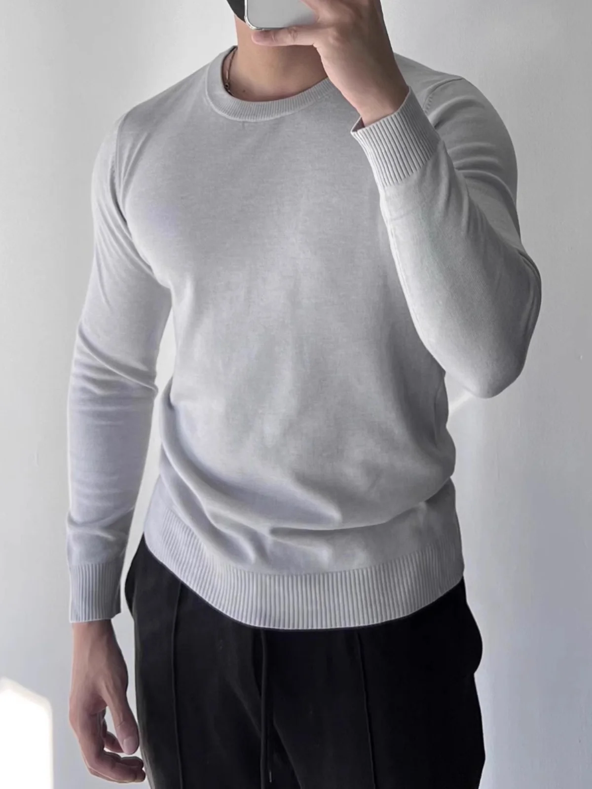 

Мужской трикотажный джемпер с круглым вырезом и начесом, с длинным рукавом, повседневный, теплый, приталенный, базовый слой, осень-зима, новинка