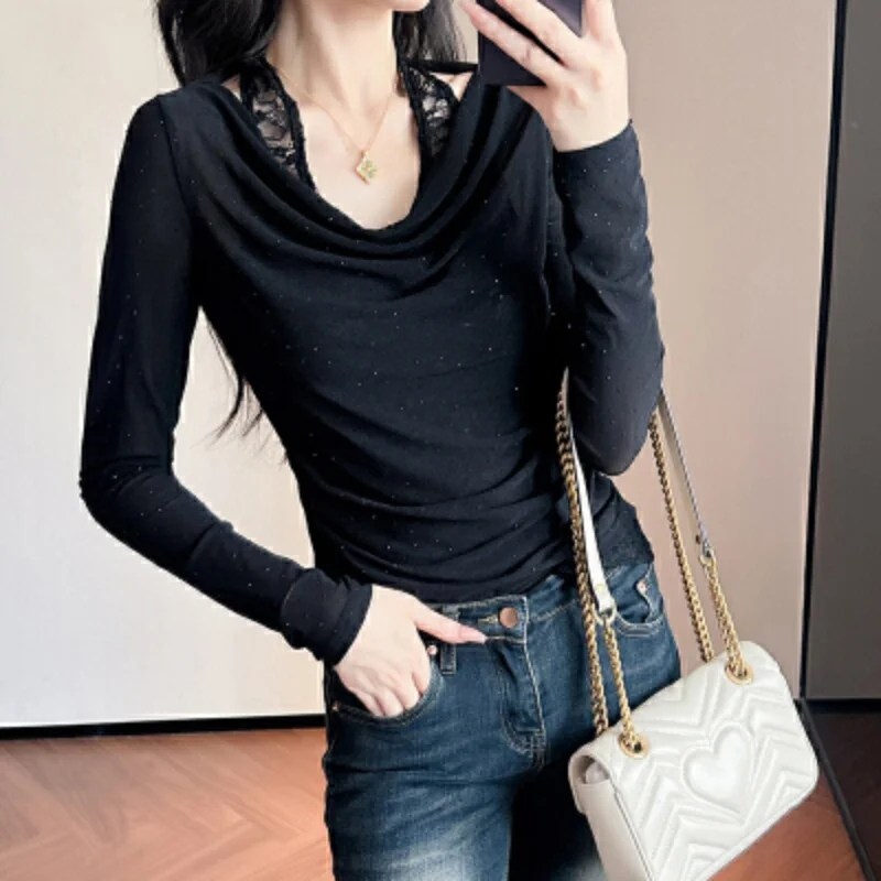 Sexy Neck Hanging Lace Patchwork Women's T-shirt Autumn Fashion Diamond Long Sleeved Vintage Blouse Female Korean Top