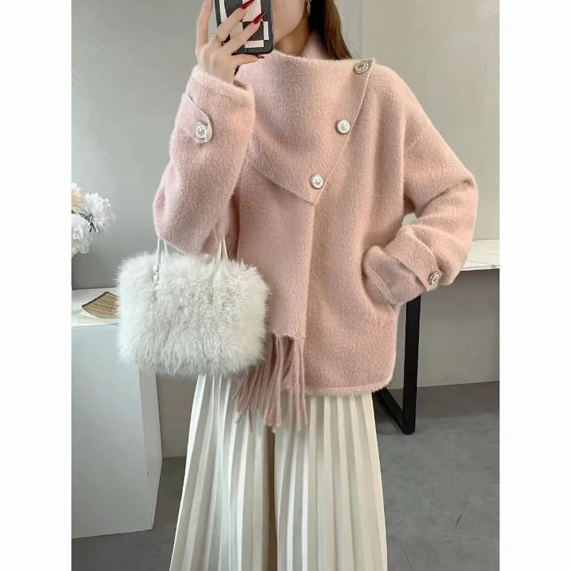 여성을위한 프렌치 핑크 스카프 도파민 스웨터 자켓 새로운 겨울 느슨한 두꺼운 니트 가디건