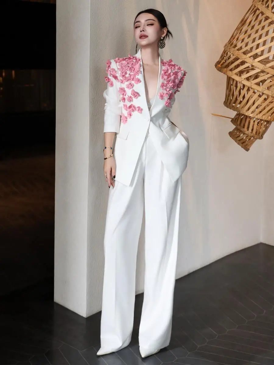 

Women's Suit Set Spring Autumn Floral Decoration Wide Leg Pants Two Piece Set Long Sve Long Pants Triacetate Fiber