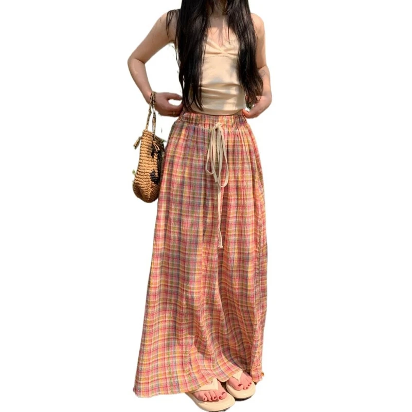 

Summer New Cotton Girlish Medium Length Skirts Vintage Sweet Plaid Loose Elastic Waist Casual Comfortable Holiday Style Vestidos