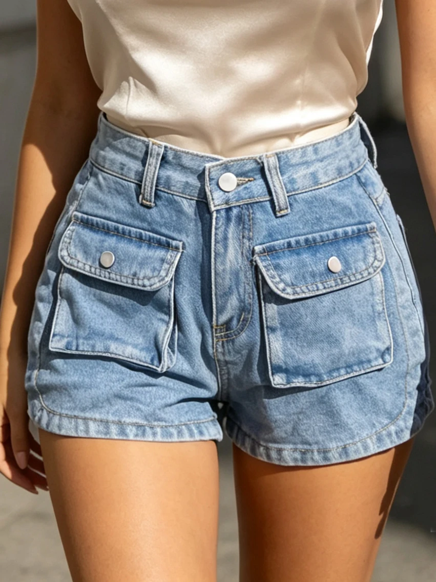 Women’s High Waist Utility Denim Shorts – Casual Button-Up Jean Shorts with Flap Pockets – Streetwear Summer Bottoms