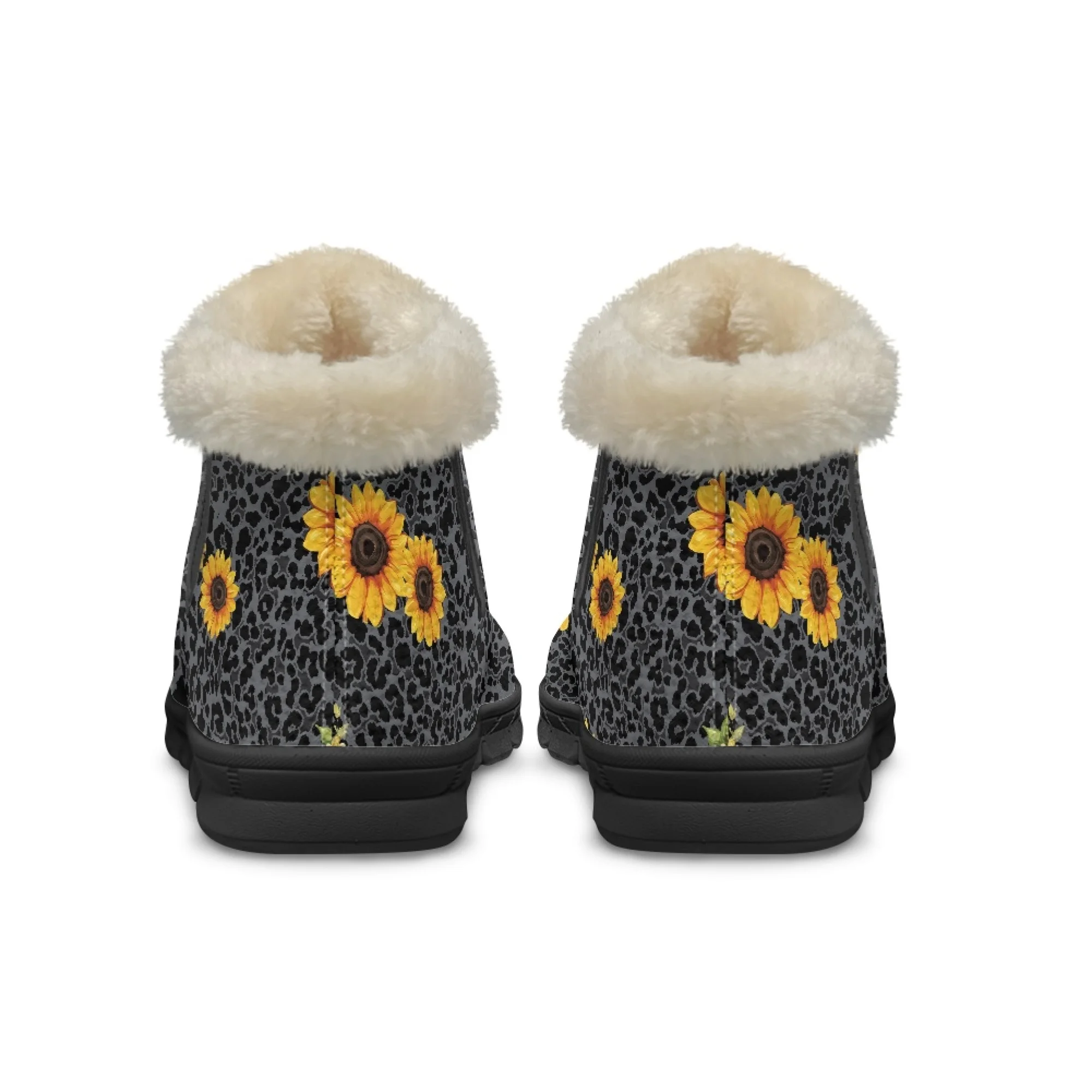 ELVISWORDS Cute Highland Calf Sunflower Print Warm Winter Boots Women Furry Boots Snow Short Boots Short Plush Lining Warm Shoes