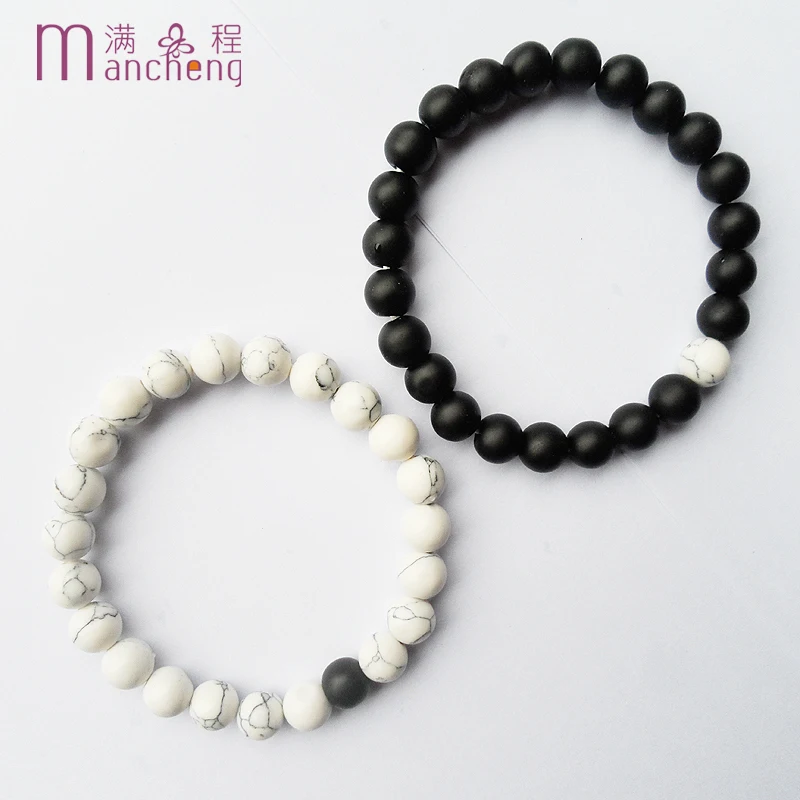 official-website tiki 2PCS Set Couples Pulsera Hombre Women Matte Scrub Black Agates Beaded Lover Bracelet Jewelry Men