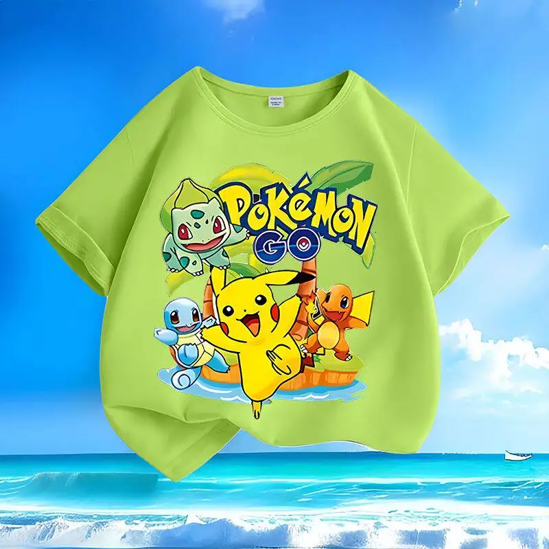 

Pikachu Cartoon Anime Kids Short Sleeve Tops Pure Cotton Round Neck Casual Tees Spring Summer Wear for Children