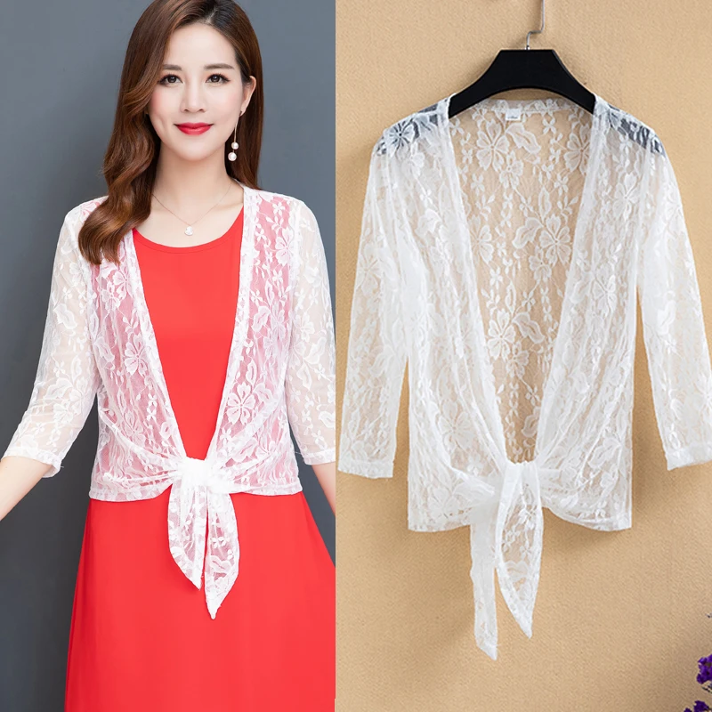 3/4 Tay Crop Khăn Choàng Nữ Bolero Hở Mặt Trước Shrugs Trắng Đen Đỏ Hồng Ren Bolero Cưới Áo Khoác Cardigan Cô Dâu Đeo