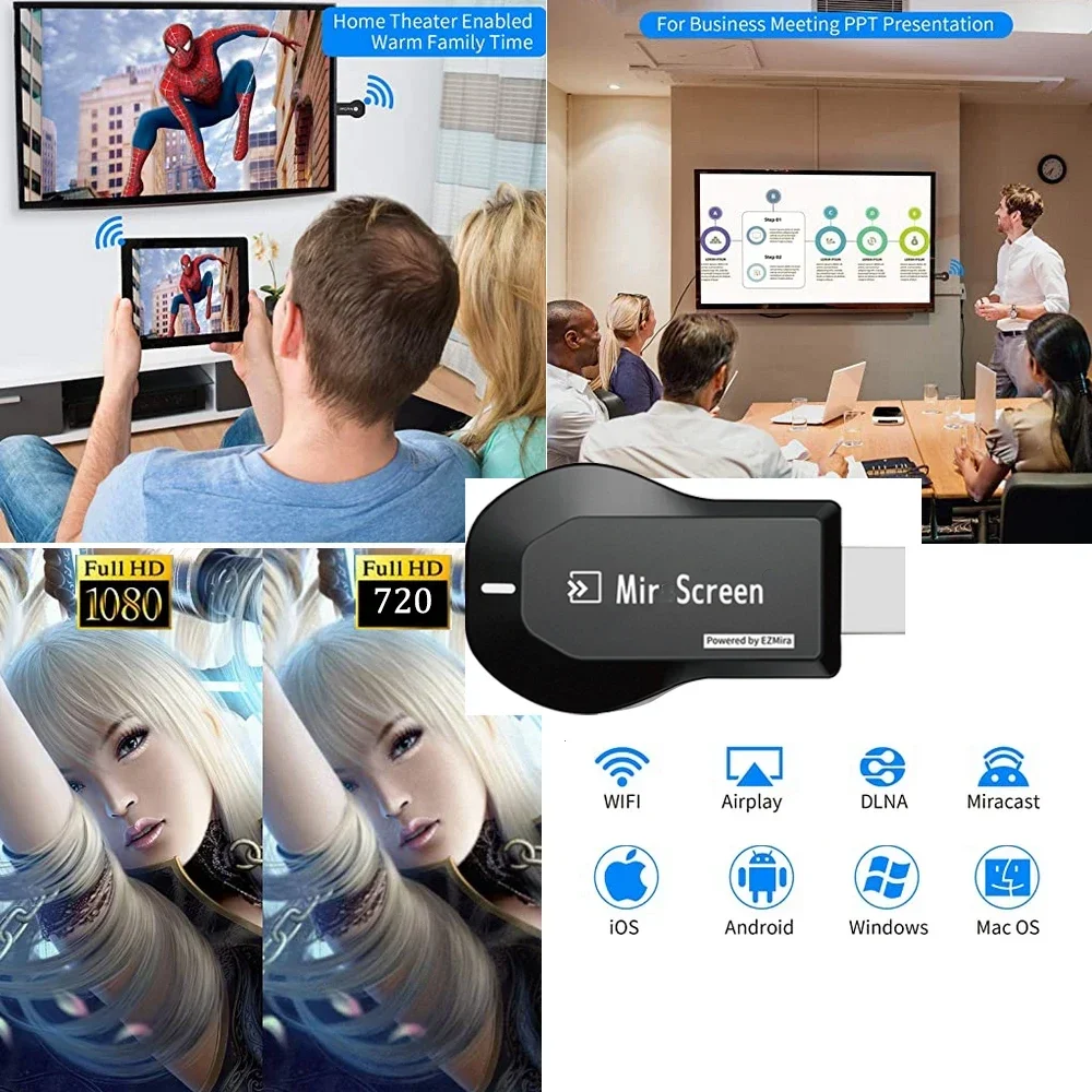 Anycast stik Tv Dongle nirkabel, Dongle TV layar 1080P, adaptor Airplay Miracast nirkabel dengan tampilan DLNA untuk IOS Android