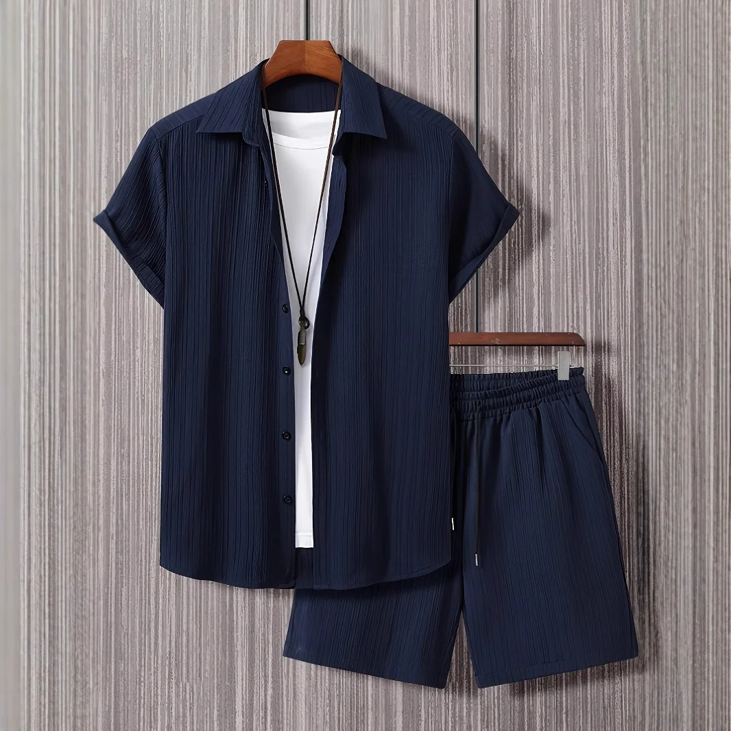 Summer Trend Men's Black Pleated Short Sleeve Shirt Shorts Suit Casual Street Boys Casual Suit