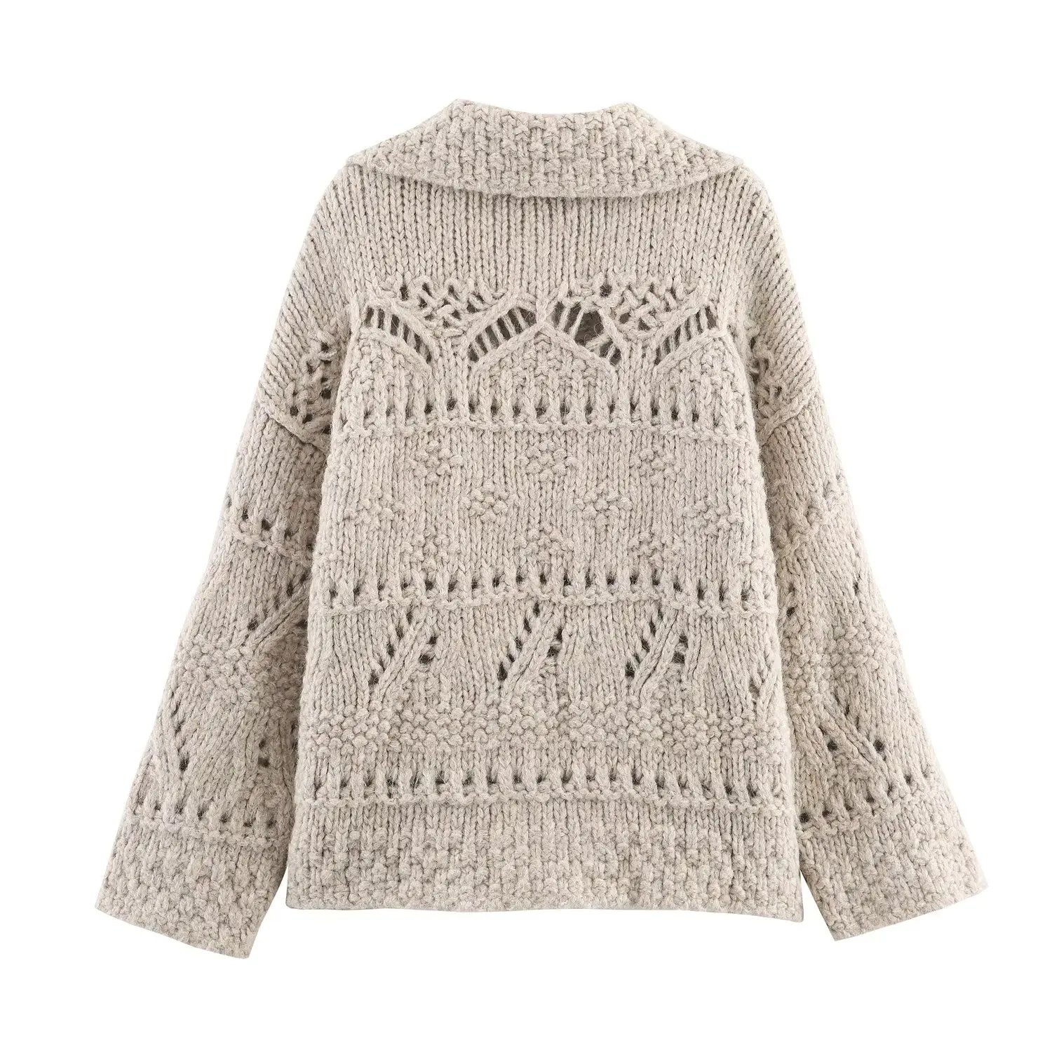 KONDALA 2025 Autumn Winter Women Knitted Vintage Sweater Single Breasted Hollow Out Sweater Fashion Casual Female Warm Sweaters