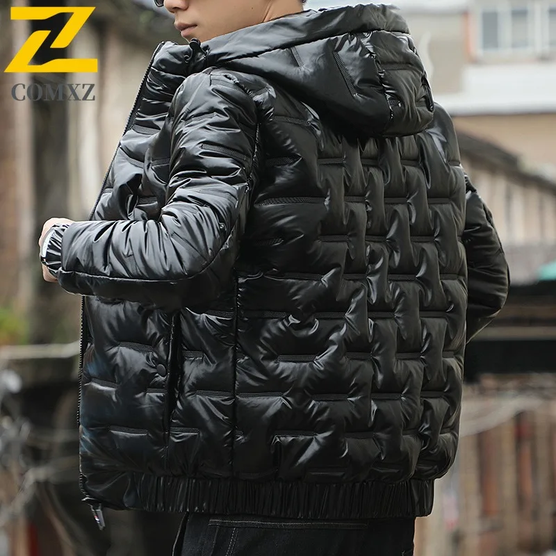 COMXZ 2025 Men Korean Shiny Hooded Thickened Winter cotton-padded Jacket Warm Tactic Waterproof and Windproof Outdoor Sport Coat
