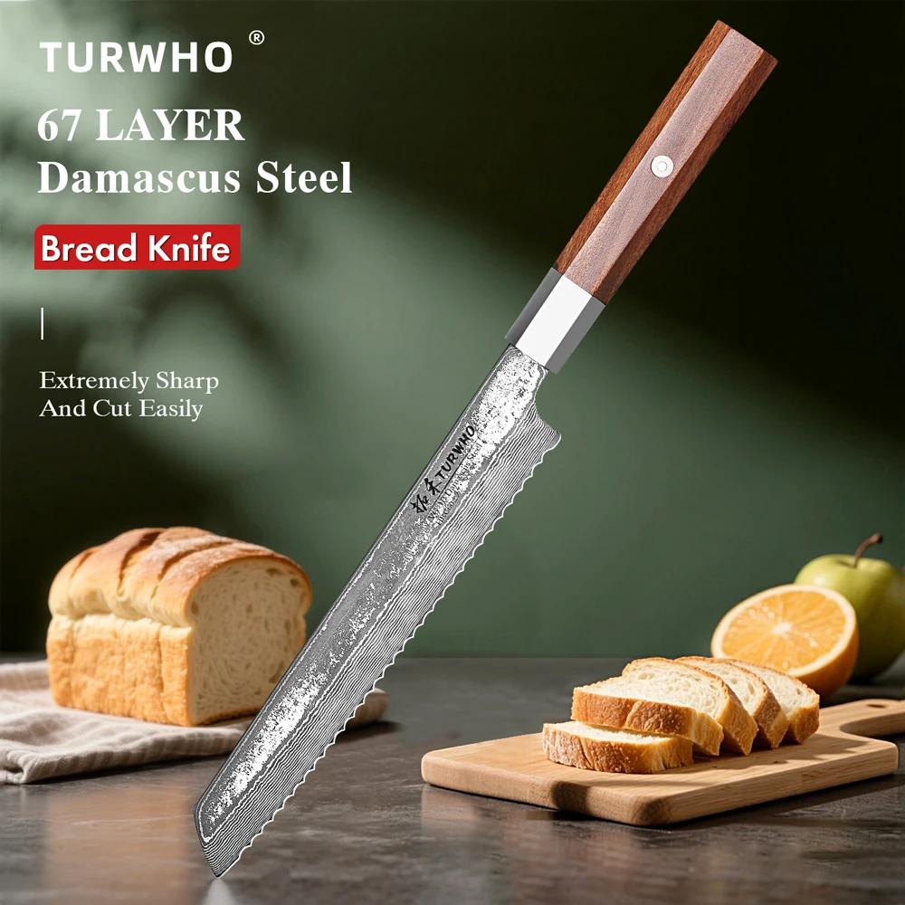

TURWHO 8" Serrated Bread Knife 67 Layer Damascus Steel Kitchen Japanese Professional Chef Knives Cutting Cheese Cake Toast Tools