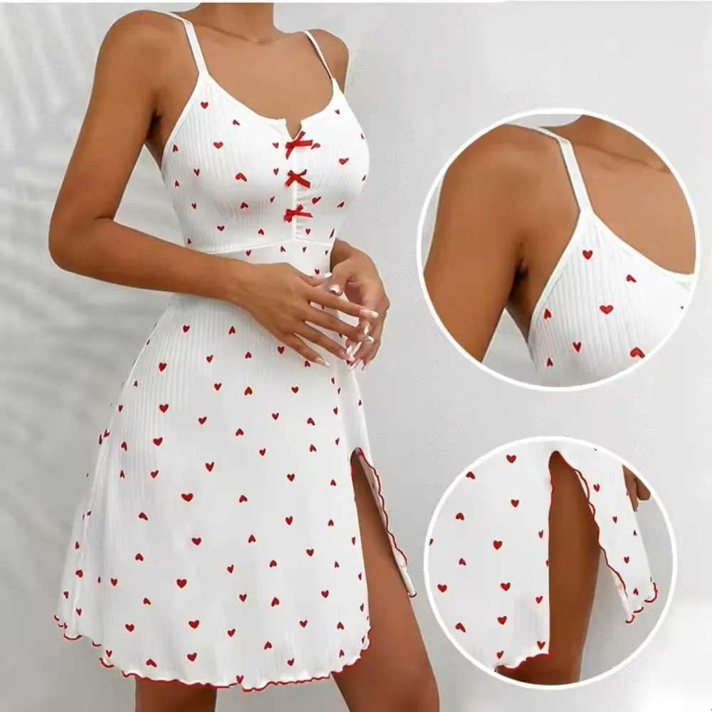 

Fashion Heart Print Sleep Dress V-Neck Slit Strap Breathable Pajama Comfortable Homewear Women