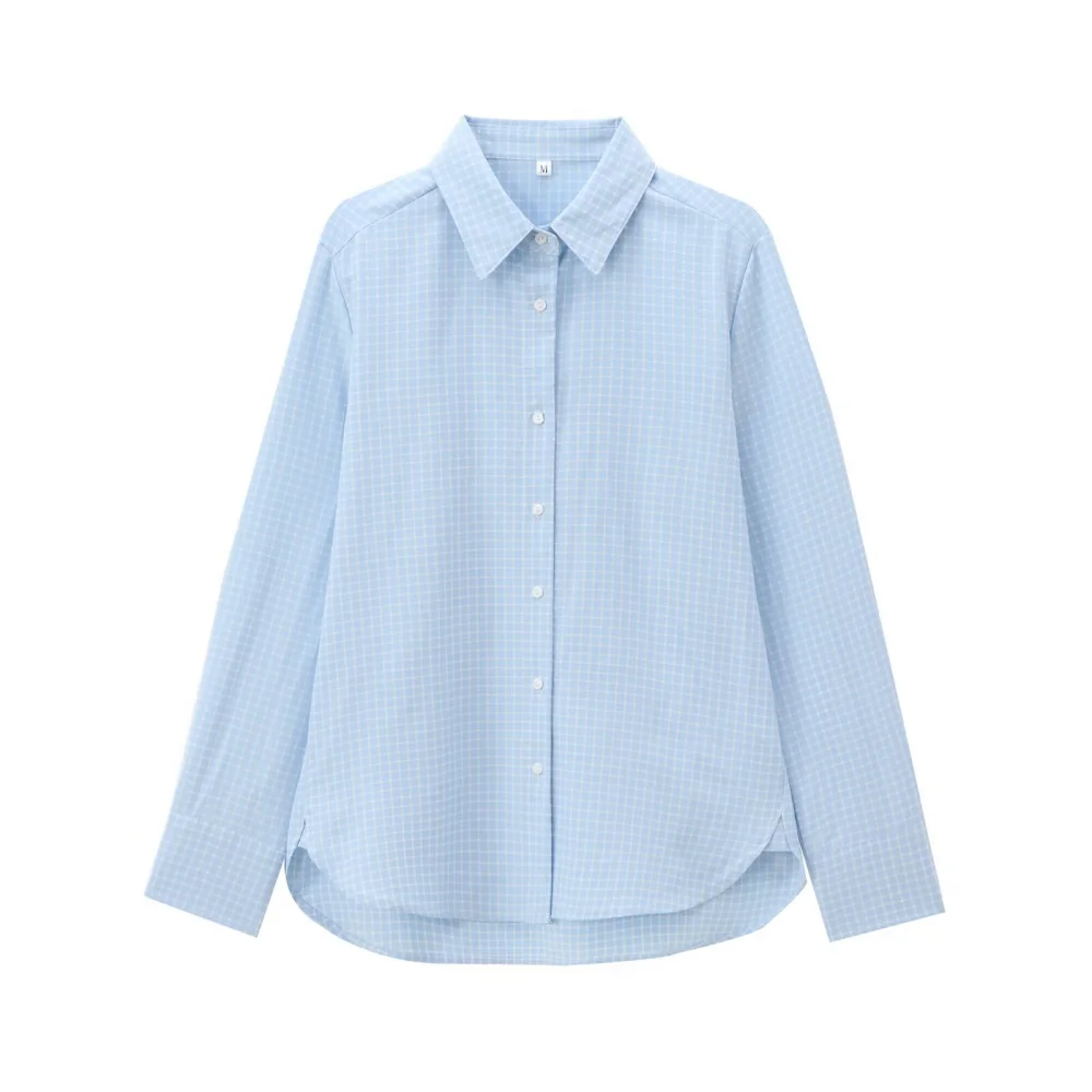 

UNIZERA women's loose fitting top with collar long sleeved buttons checkered spring and summer new style temperament shirt