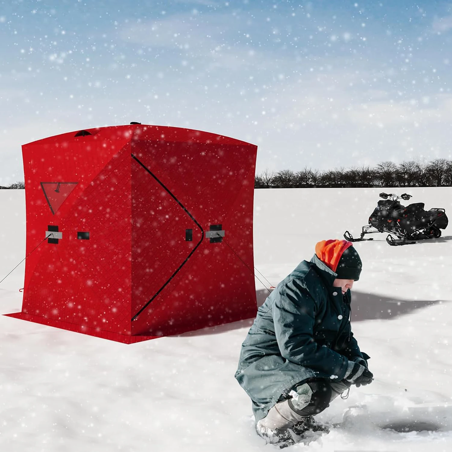 Ice Fishing Tent, Thickening Warmth Retaining Design Pop-Up Portable Hub-Style Ice Fishing Shelter