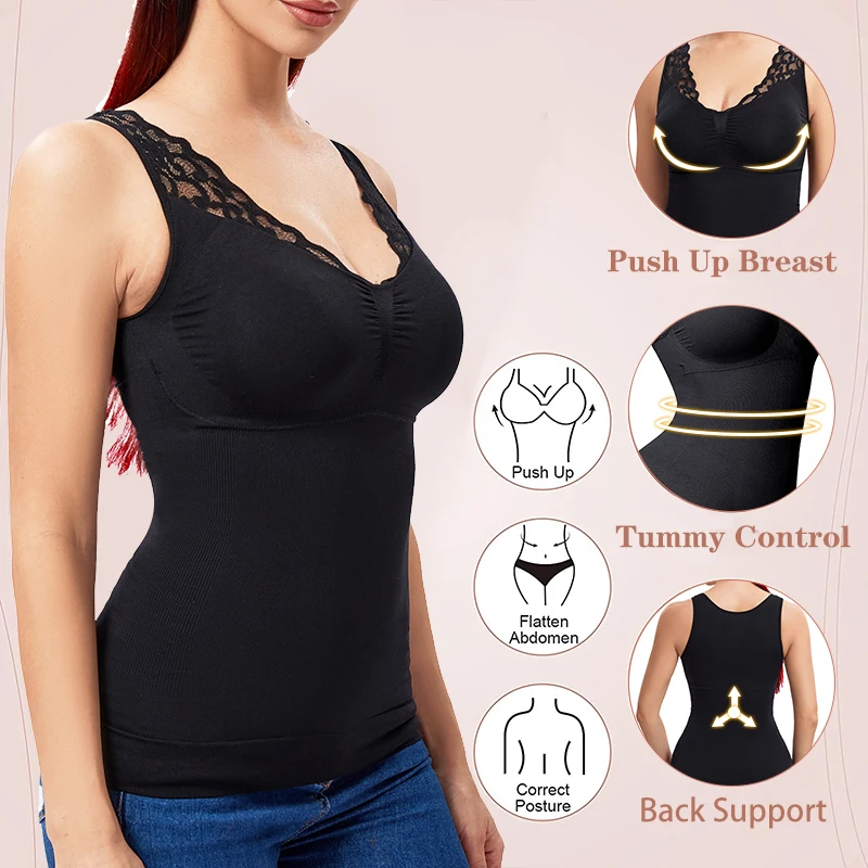 Invisible Shapewear Cami Bodysuit for Women Tummy Control Chest Lifting Body Shaper Lace Camisole Tops Slim Underwear with Pads