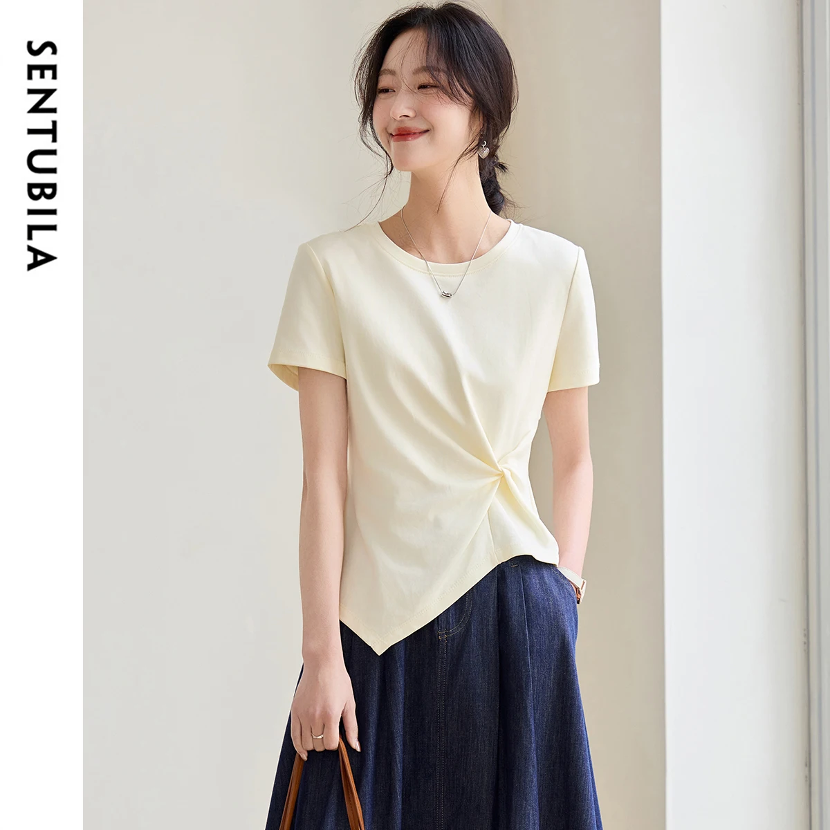 SENTUBILA Solid Color Women T-shirt 2025 Irregular New O Neck 100% Cotton Short Sleeve Casual Fashion Female Tops 152T80136