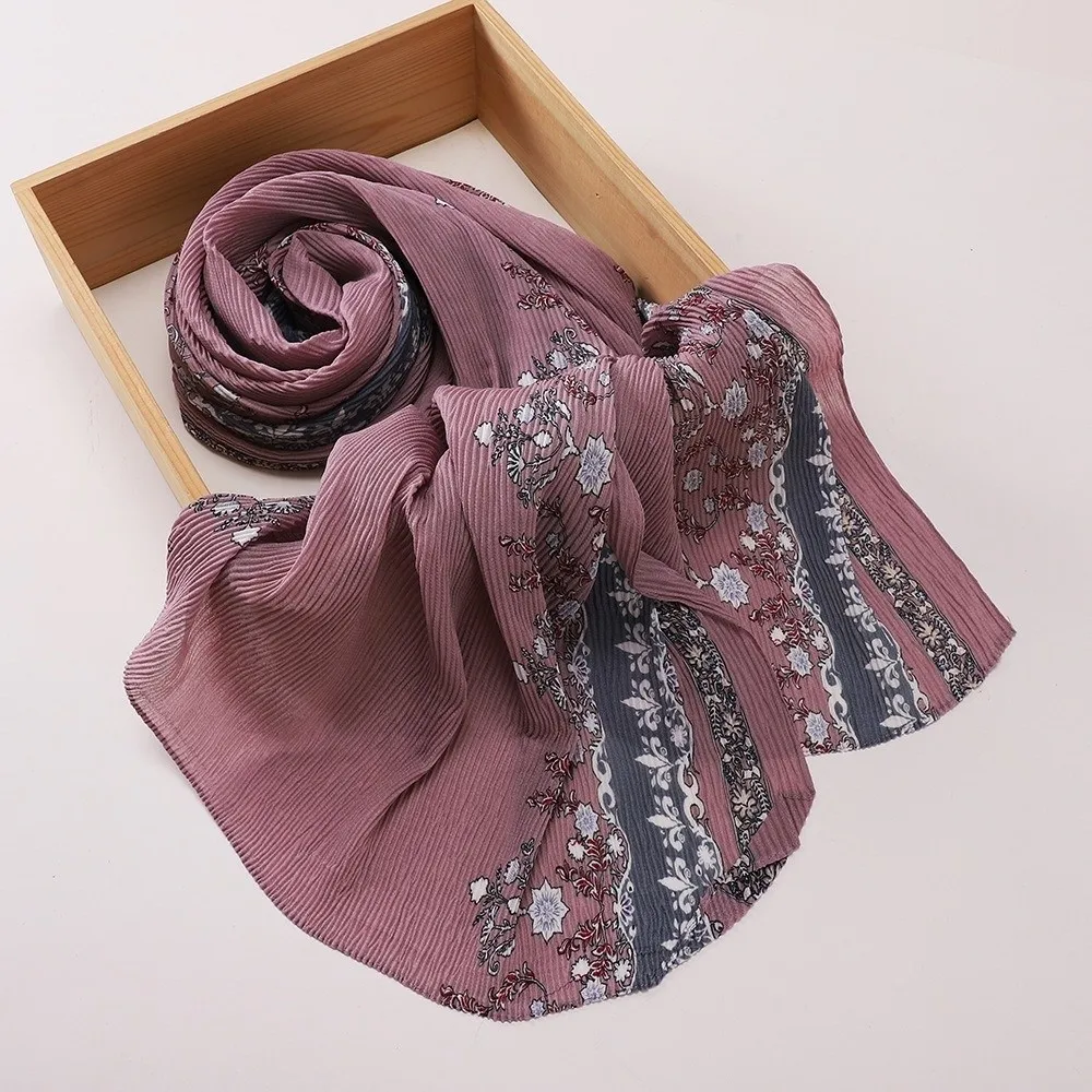 Stylish Vintage Style Floral Print Shawl Floral Print Turkish Design Crinkle Hijab Crinkle Fabric Breathable Head Wrap for Women