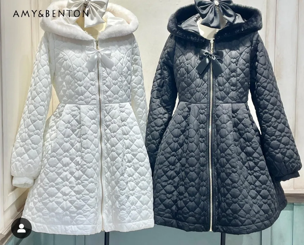 

Japanese Sweet Cute Plush Hooded Thickened Cotton Jacket Women Autumn Winter New Solid Color Versatile Kawaii Bow Lolita Jacket