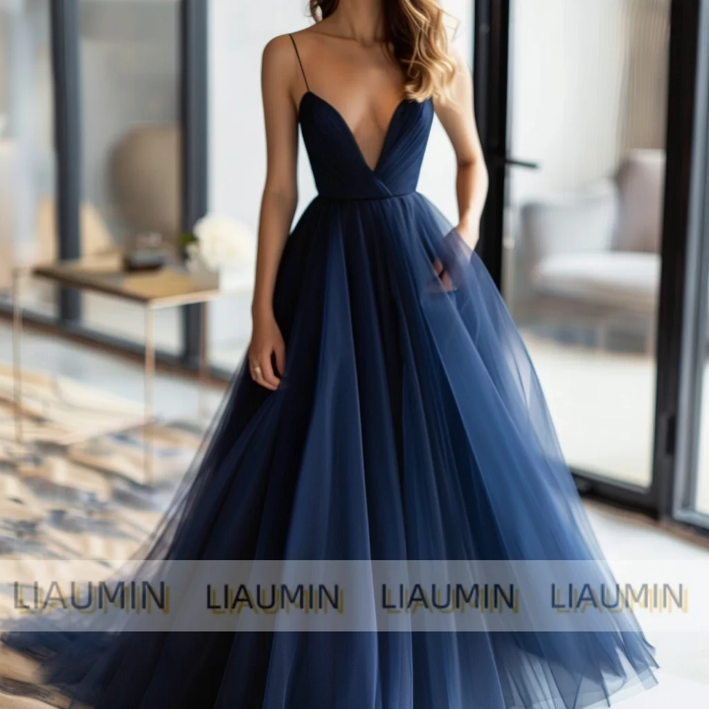 Navy Blue Tulle Deep V Neck Spaghetti Strap Prom Formal Occasion Dress Evening Party Lace Up Back Custom Hand Made A4-13.4