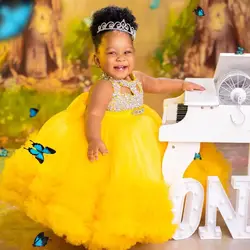 Beaded Yellow Flower Girl Dresses Customized Little Kids Ball Gown Ruffles Crystals Tulle Tiered First Birthday Party Dress