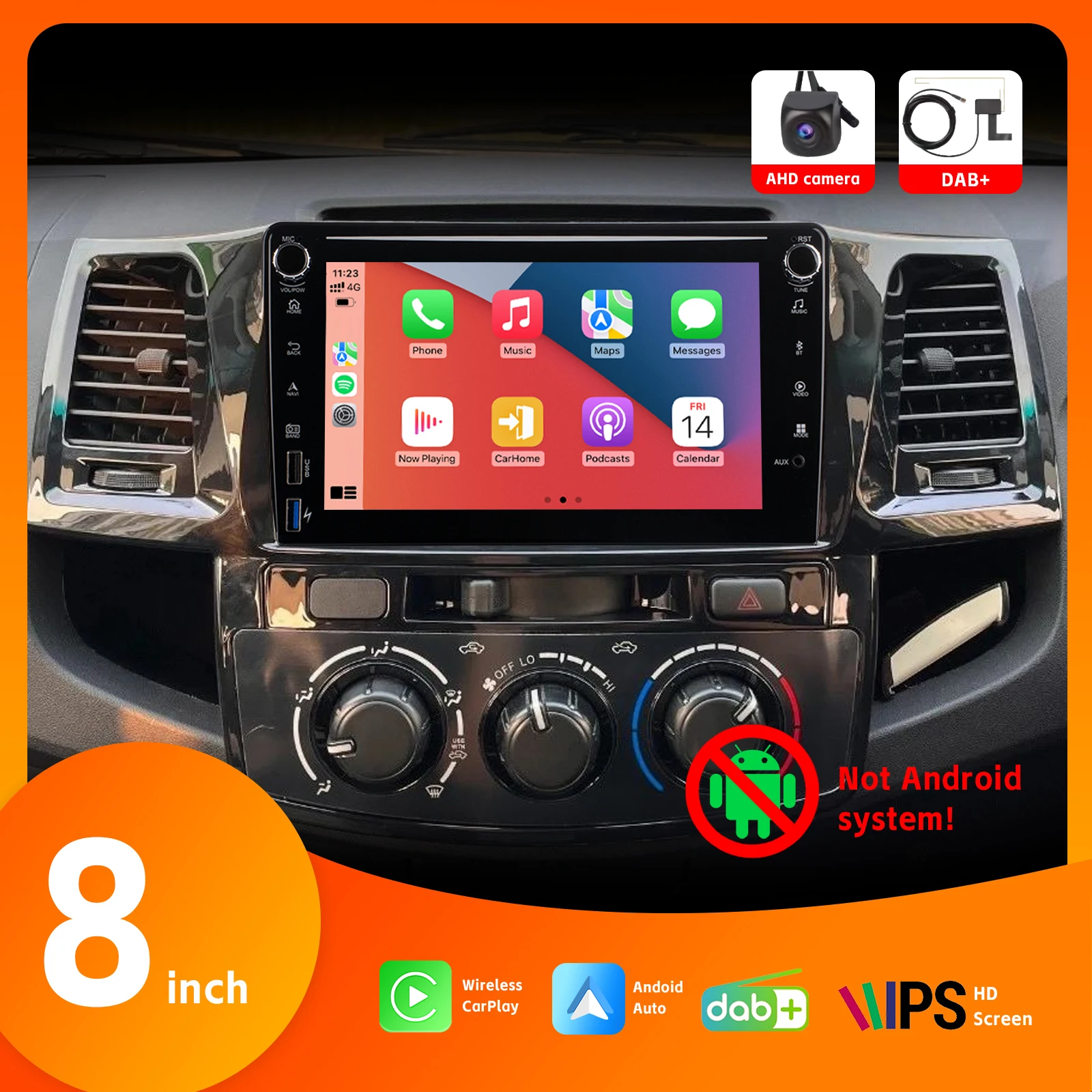 

8" IPS Touch Screen Car Radio with Wireless Carplay BT SWC Android Auto DSP DAB+ AHD Rear View Camera for Toyota Hilux 2004-2008