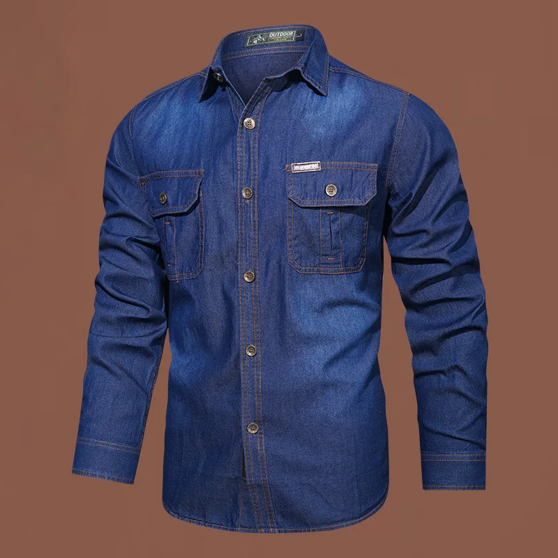 

Autumn Pure Cotton Slub Denim Long Sleeve Shirt Men Casual Washed Mens Shirt Youth Coat