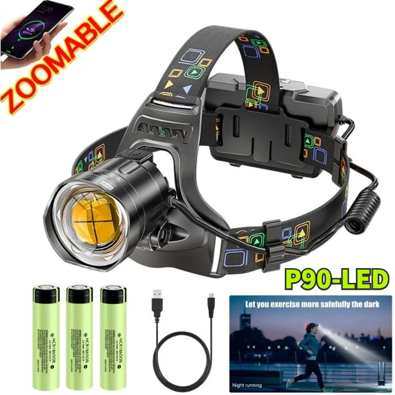 Powerful XHP90/70 Led Headlamp Zoomable USB Rechargeable Headlight Power Display Suitable Fishing Flashlight Camping