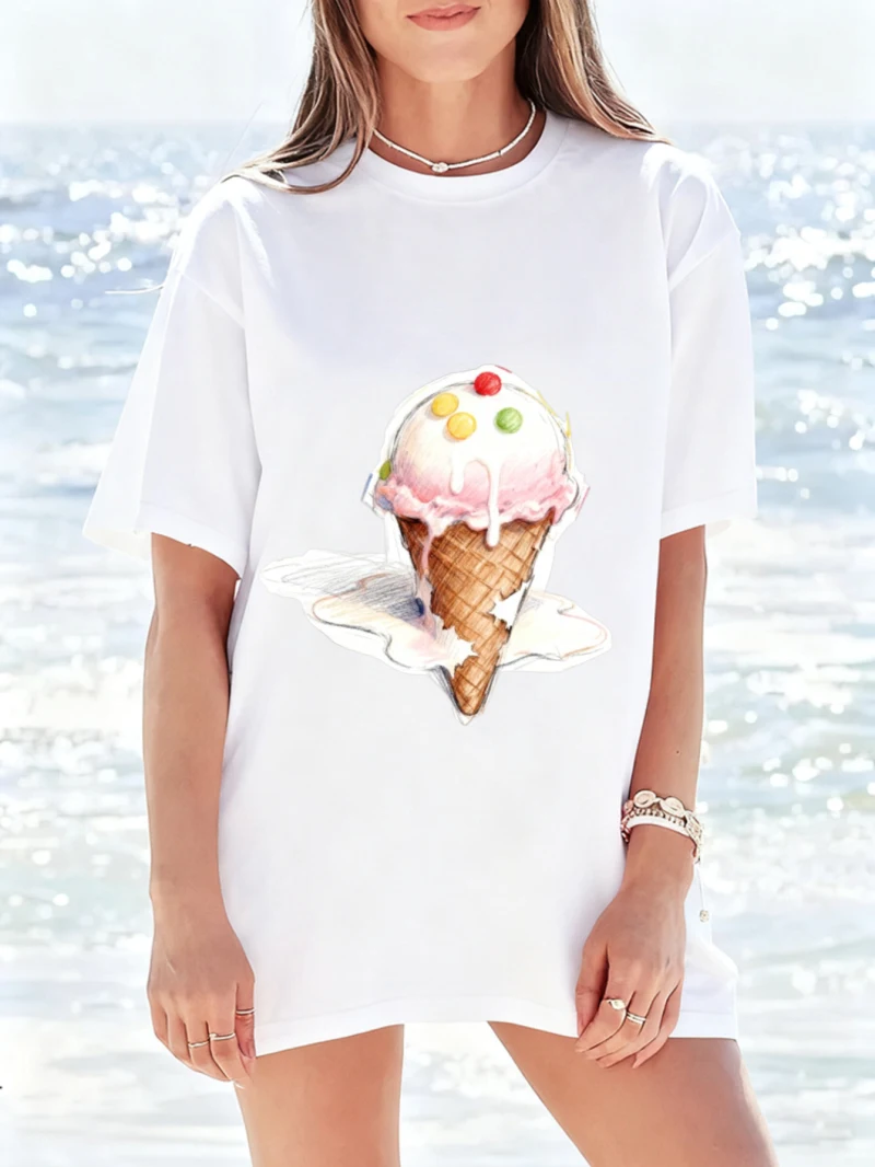 

Women's Loose Cotton Couple's Ice Cream Cone Shaped Sticker with Transparent Background Print Suitable for Spring and Summer