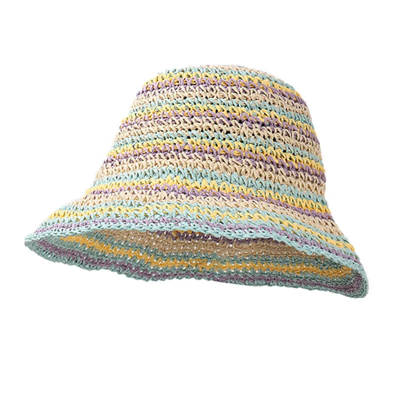 Macaroons Color Foldable Straw Bucket Hat Summer Outdoor Shade Travel Beach Breathable Sun Hats Striped Big Eaves Women's Caps