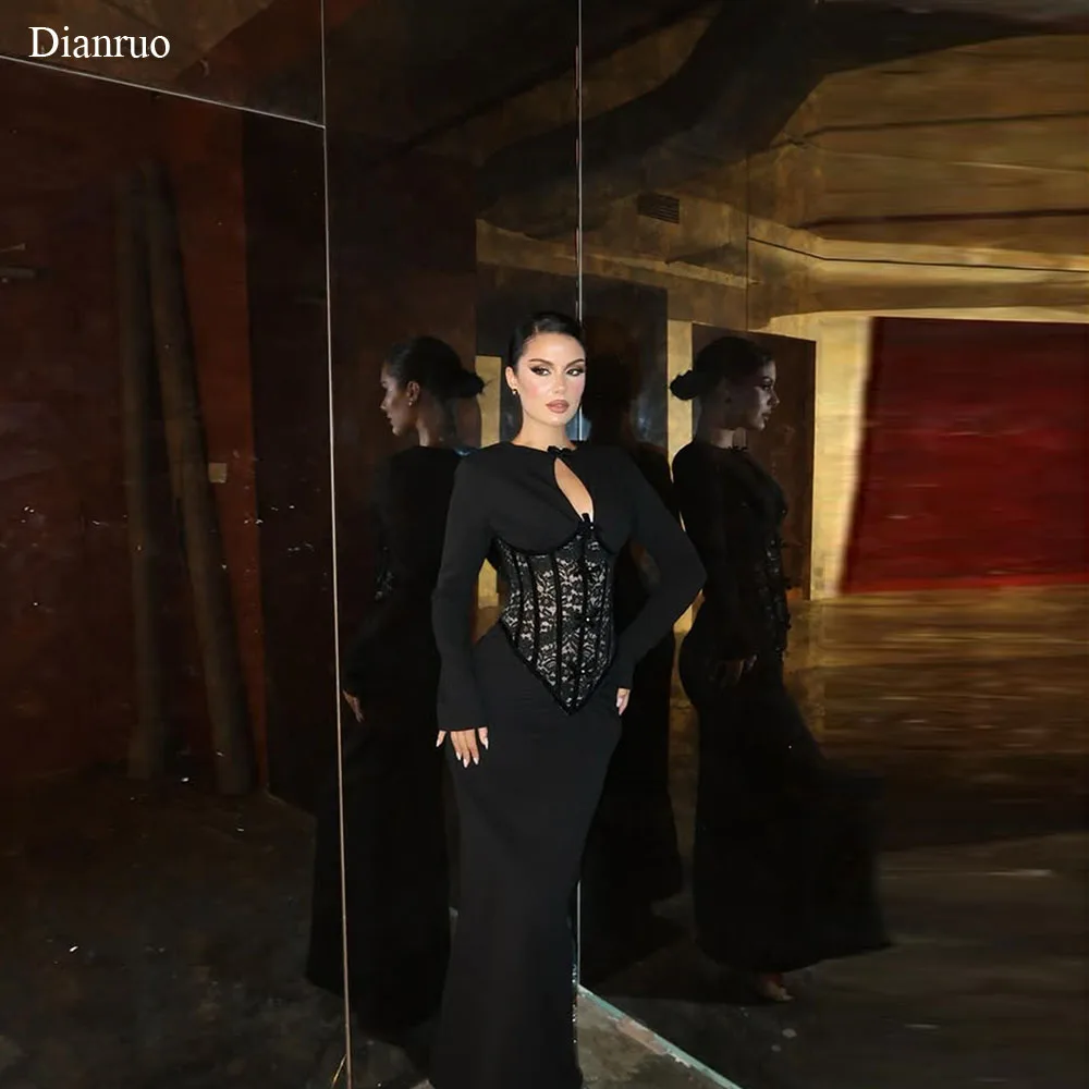 

Dianruo Sexy Cut Out Evening Dresses Long Sleeves Black Appliques Vestido De Gala Satin Mermaid Vestidos De Festa Customized