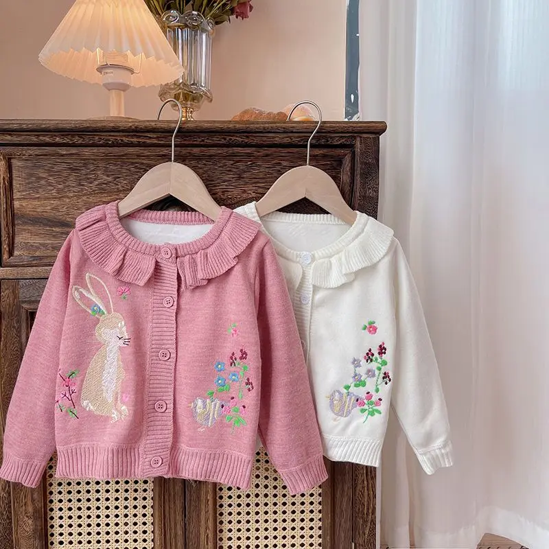 

Winter Pink Kids Sweater Cute Rabbit Embroidery Knitted Soft Cardigan Warm Girls Top