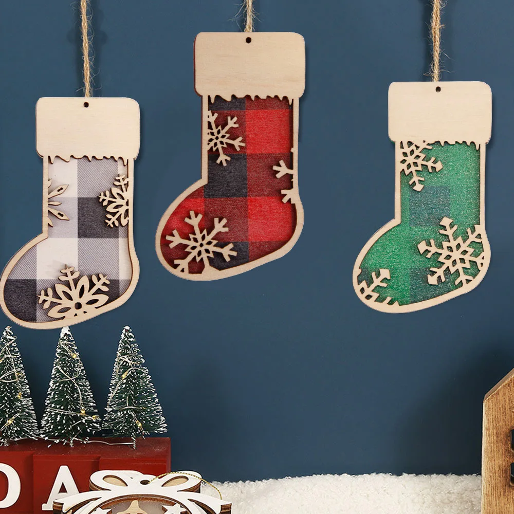 New Christmas Wooden Pendant Shopping Mall Hotel Window   Scene Decoration Red Christmas Stocking Wooden Sign Pendant