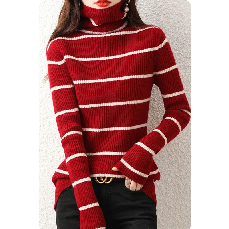 Autumn and Winter Trend New Temperament Women\'s Clothing Fashion Pile Collar Long Sleeve Versatile Commuting Striped Sweater